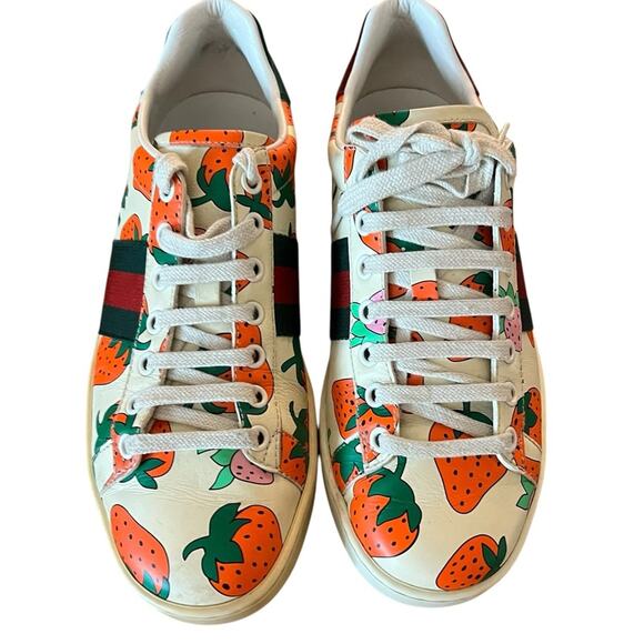 Gucci Ace Strawberry Print Leather Sneakers Low Top Web Stripe EU 37 US 7 - Picture 13 of 14